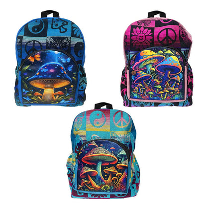 Three colorful backpacks with psychedelic designs on a white background