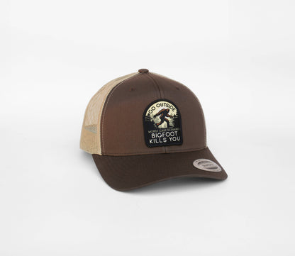 Go Outside Bigfoot Kills You Trucker Hat - Orange & Khaki