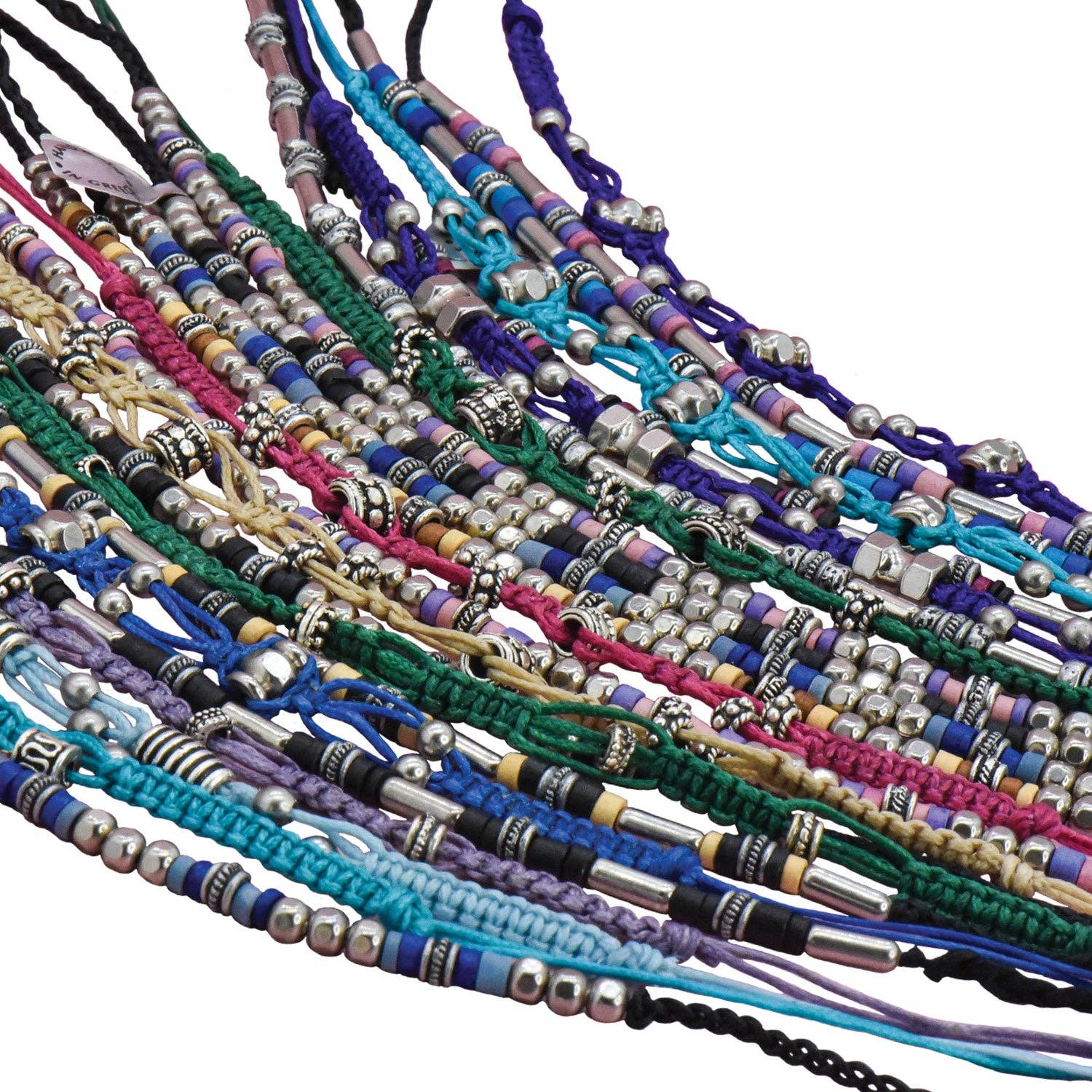 Collection of colorful beaded bracelets on a white background
