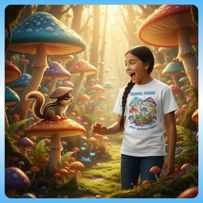 imagination helps you enter the story | Magic Mushroom Forest Youth Tee - Paddle Frogs™ Kids | Girl in a fantasy forest with colorful mushrooms and a chipmunk, wearing a t-shirt with a nature-themed design.