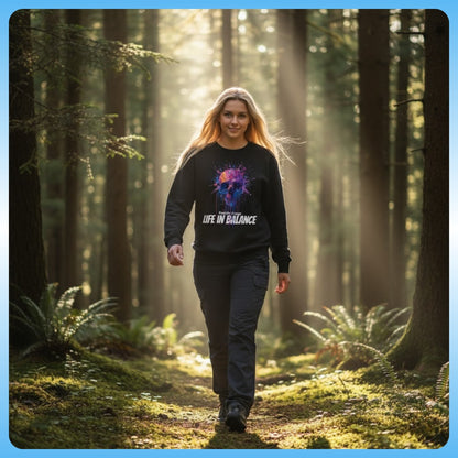 lady hiking wearing the Black Drip Paint Skull - Sweatshirt