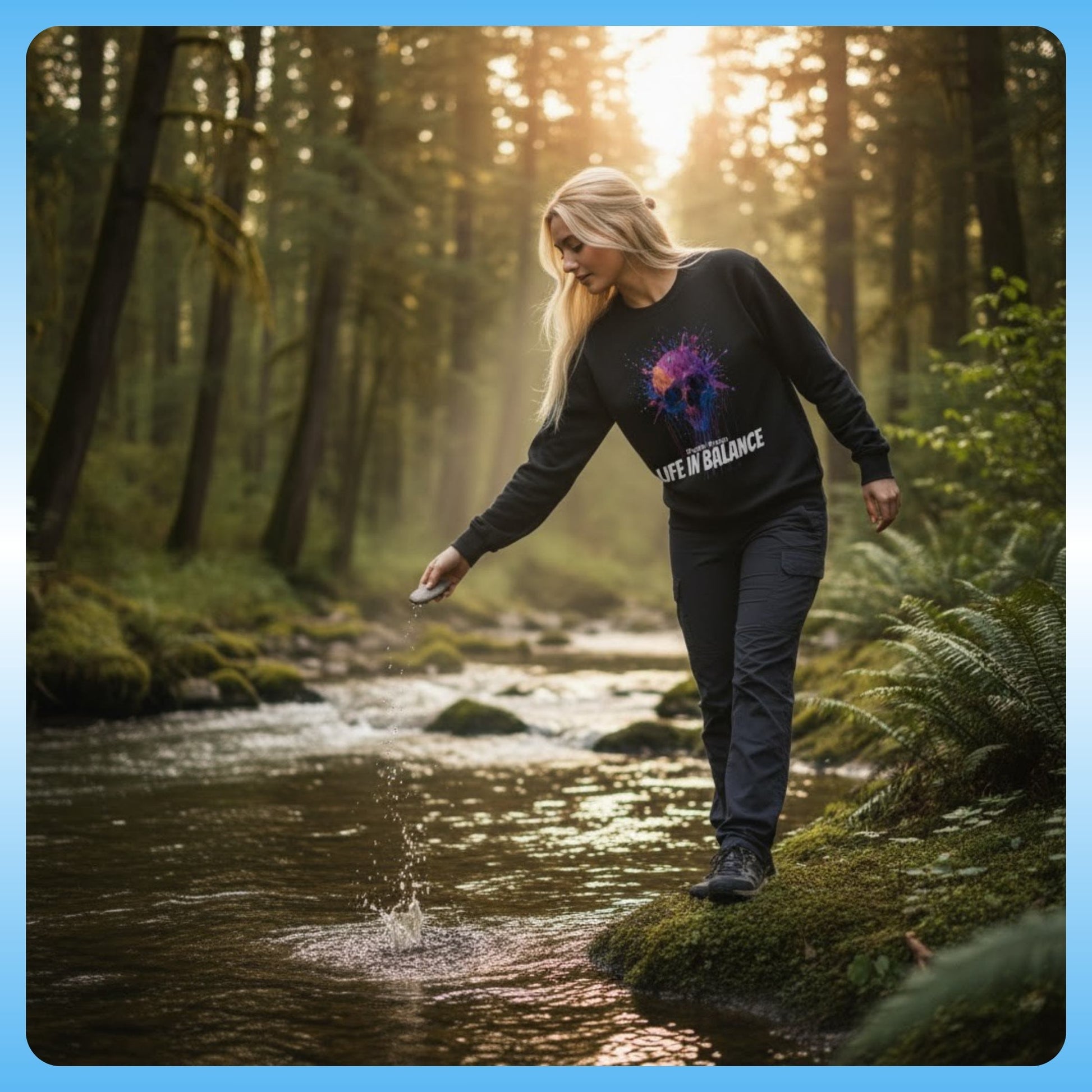 lady looking down at the water, perhaps skipping a stone or just enjoying the view. Wearing the Black Drip Paint Skull - Sweatshirt