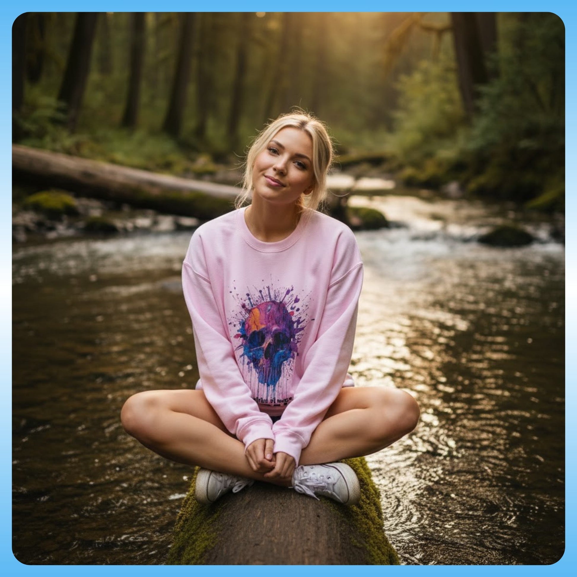 lady sits crisscross applesauce on the log across the creek wearing the Pink Drip Paint Skull - Sweatshirt