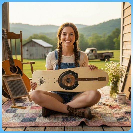 lady sitting crisscross applesauce on her front porch in TN with Toilet Bowl Guitar Old School Skateboard Deck | Paddle Frogs™