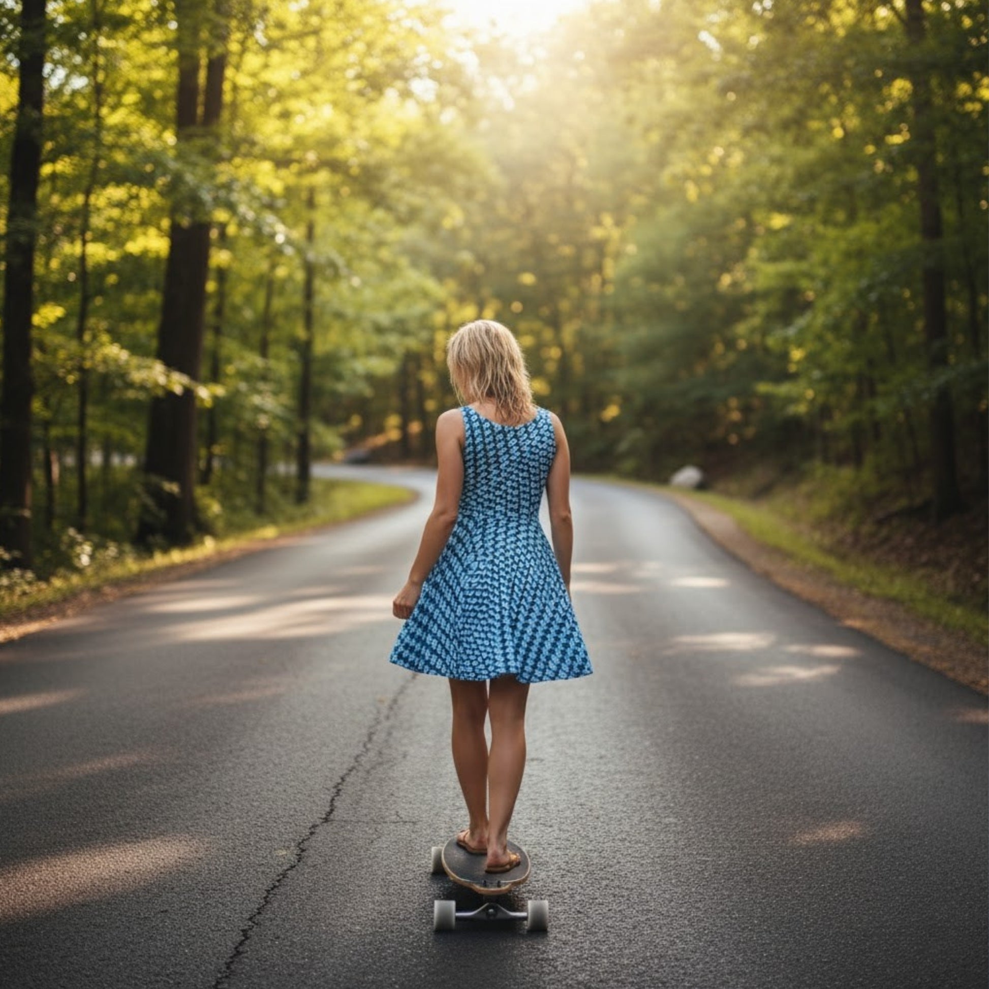 Woman in a blue dress skateboarding down a sunlit tree-lined road
