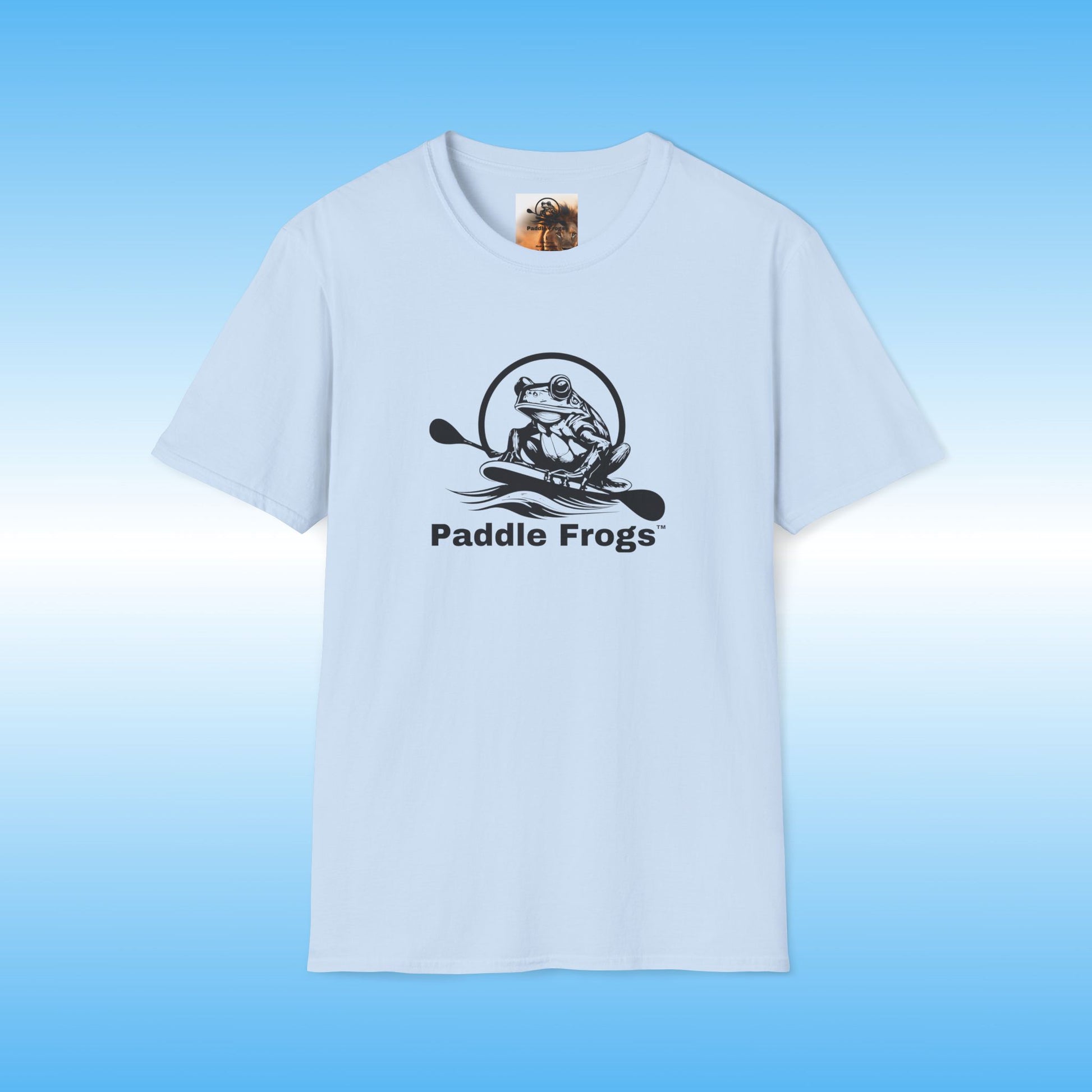 light blue t-shirt with 'Paddle Frogs' logo on a blue background