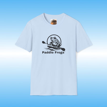 light blue t-shirt with 'Paddle Frogs' logo on a blue background