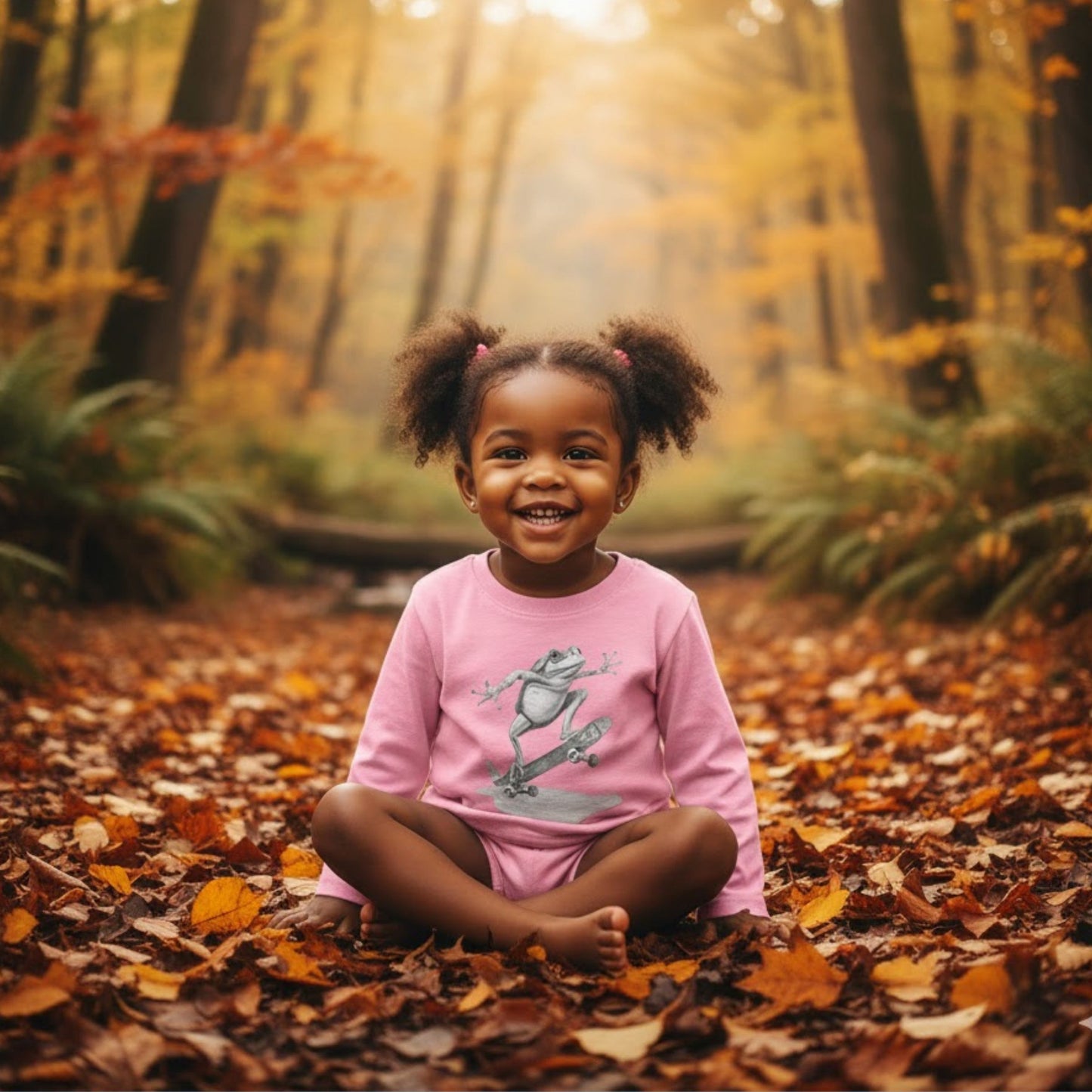 light pink sitting crisscross applesauce in the autumn forests leaves - Skate Jam Long Sleeve Tee: Ollie Frog Kids Shirt by Paddle Frogs™ 