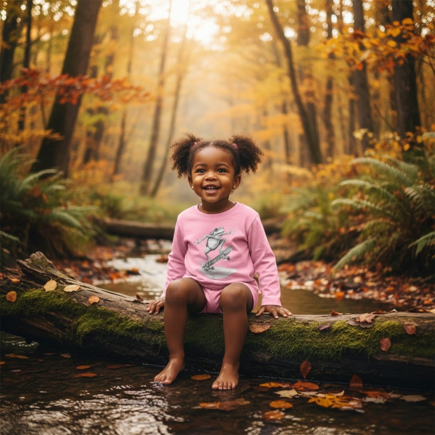 light pink sitting on a log at the creek - Skate Jam Long Sleeve Tee: Ollie Frog Kids Shirt by Paddle Frogs™ 