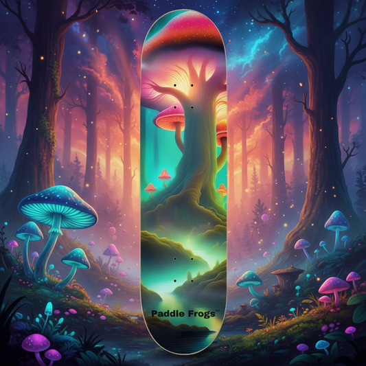 Magic Mushroom Forest skateboard deck with fantastic background
