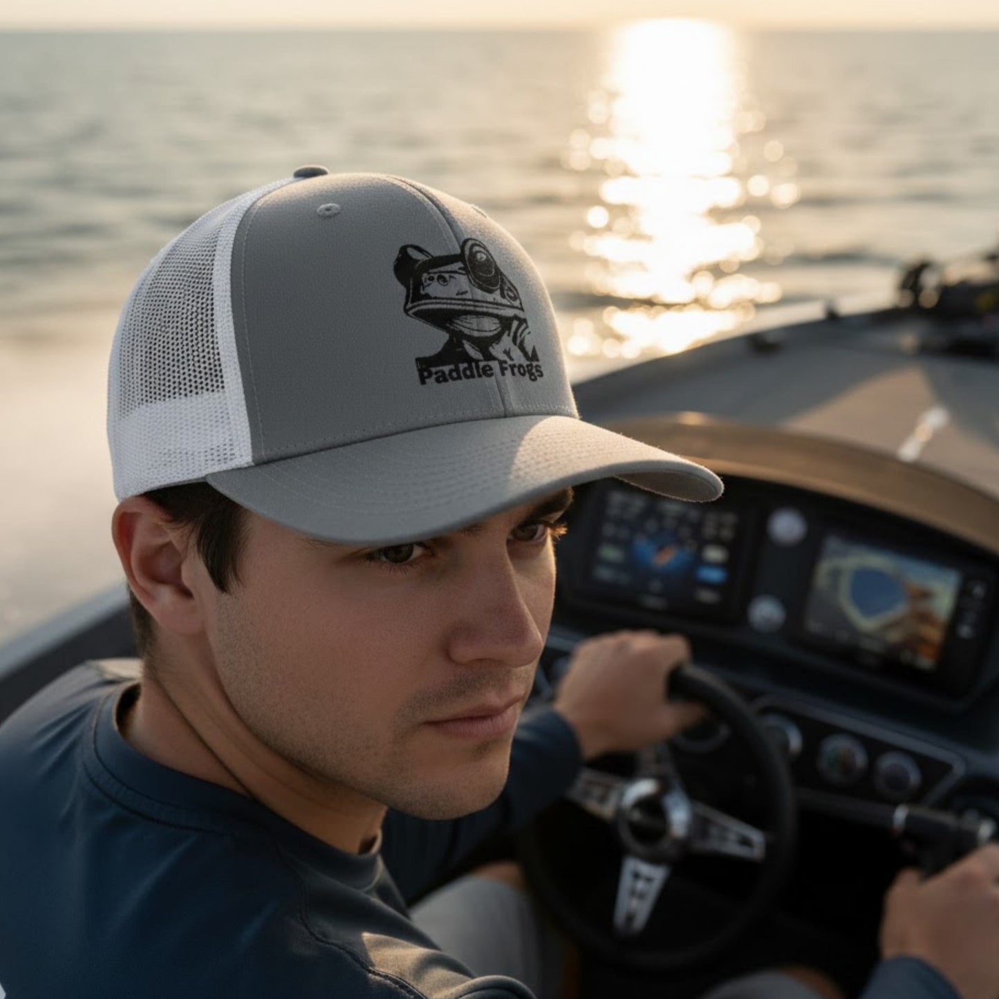 Man driving a boat wearing the Amphibious Oath | Paddle Frogs Trucker Cap — Heather Grey & White hat fishing tournament