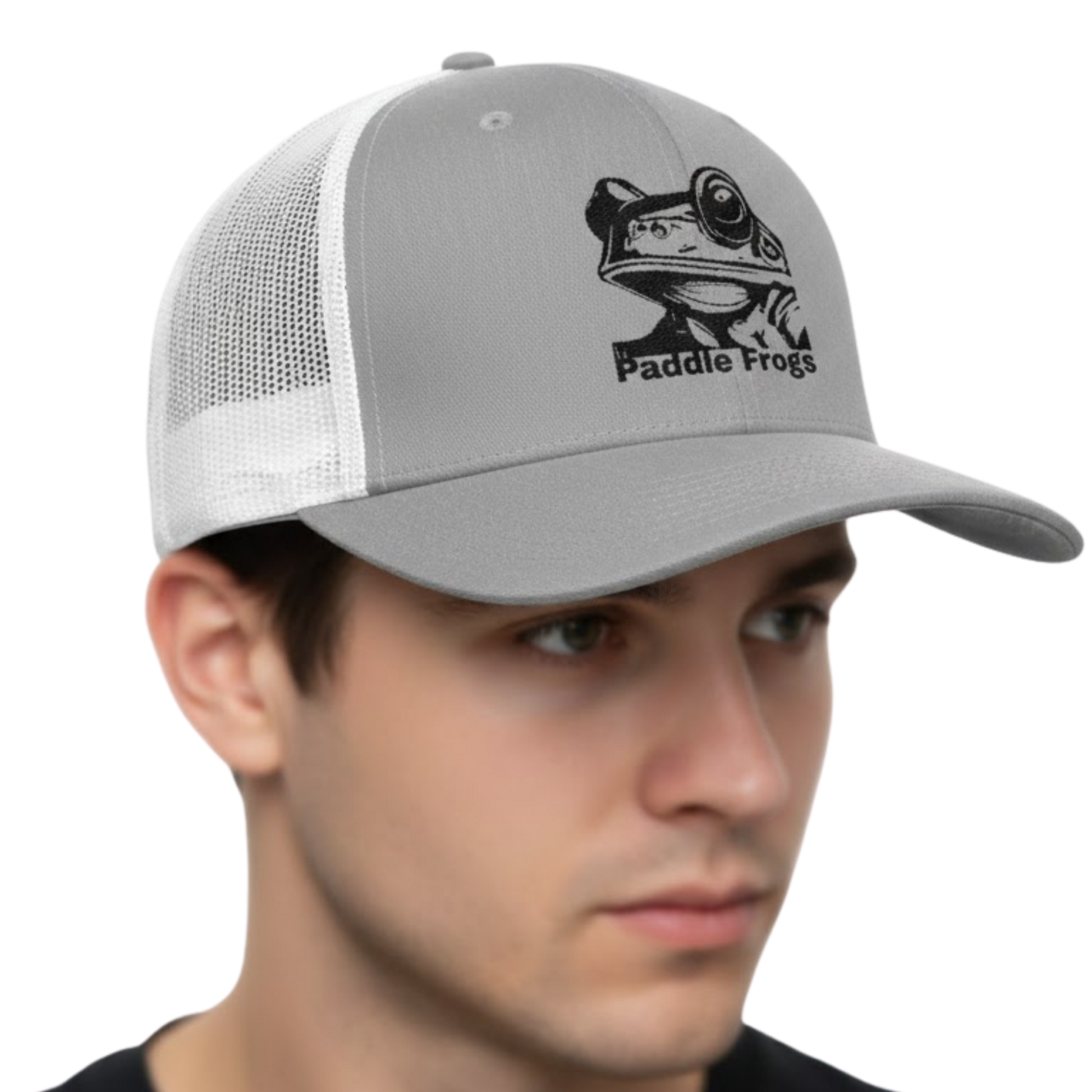 Gray and white cap with a frog logo and 'Paddle Frogs' text worn by a person on a white background