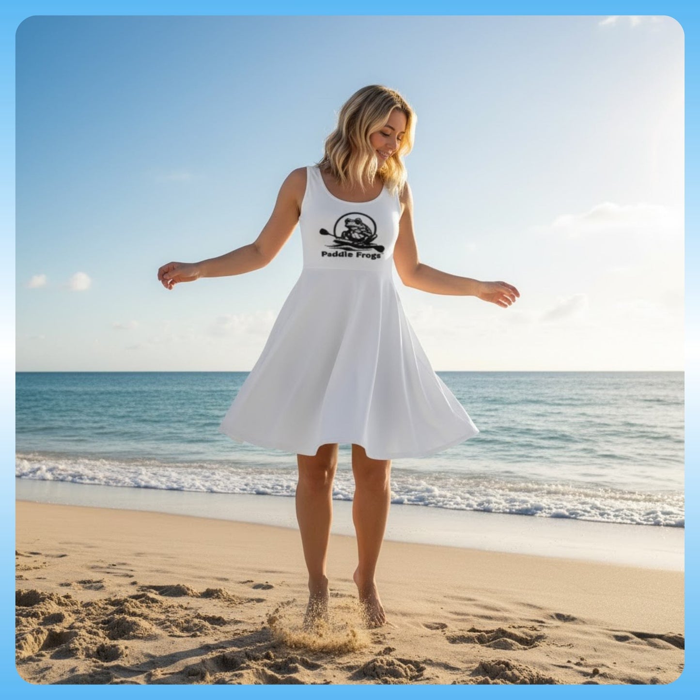 model at the beach wearing Paddle Frogs™ White Whisper Dress | Elegance for Every Adventure