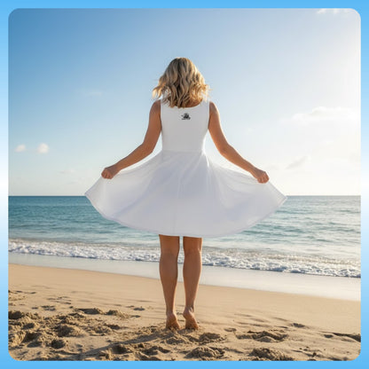 Woman in a white dress standing on a beach with ocean view model wearing and displaying backside of the Paddle Frogs™ White Whisper Dress | Elegance for Every Adventure