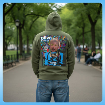 olive Chaos Green Paddle Frogs Outdoor Gear Hoodie pull over coat Person wearing a green hoodie with a colorful graphic on the back in a park setting