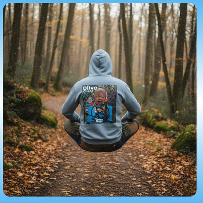 olive Chaos Stone Blue Paddle Frogs Outdoor Gear Hoodie pull over coat Person sitting in a forest wearing a hoodie with a graphic design on the back.