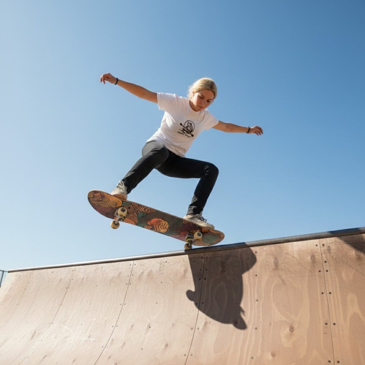 one wheel stall on the top of a wooden ramp riding The Maze 7.5 popsicle skateboard deck by Paddle Frogs