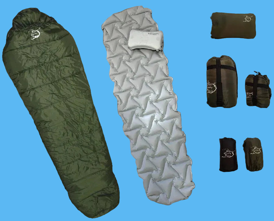 An outdoor camping sleeping bag set shown in multiple states: unfolded in olive green, unfolded in light gray, packed into a compact pouch, and shown in two packed configurations.