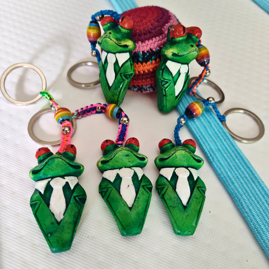 Green Frog-shaped keychains with colorful beads on a white background