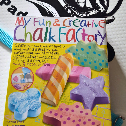 Product packaging for 'My Fun & Creative Chalk Factory' with colorful chalk pieces on a white background.