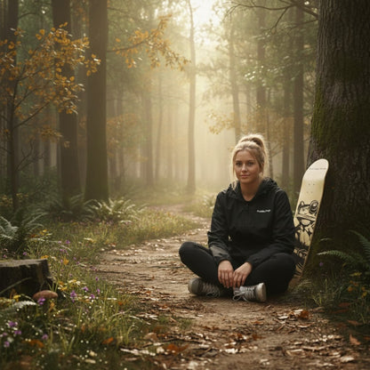 sitting crisscross applesauce wearing Ascend Windbreaker - Lightweight Hoodie Jacket with the Paddle Frogs™ Canadian Maple 8.5 Logo Deck in the Tennessee Forest