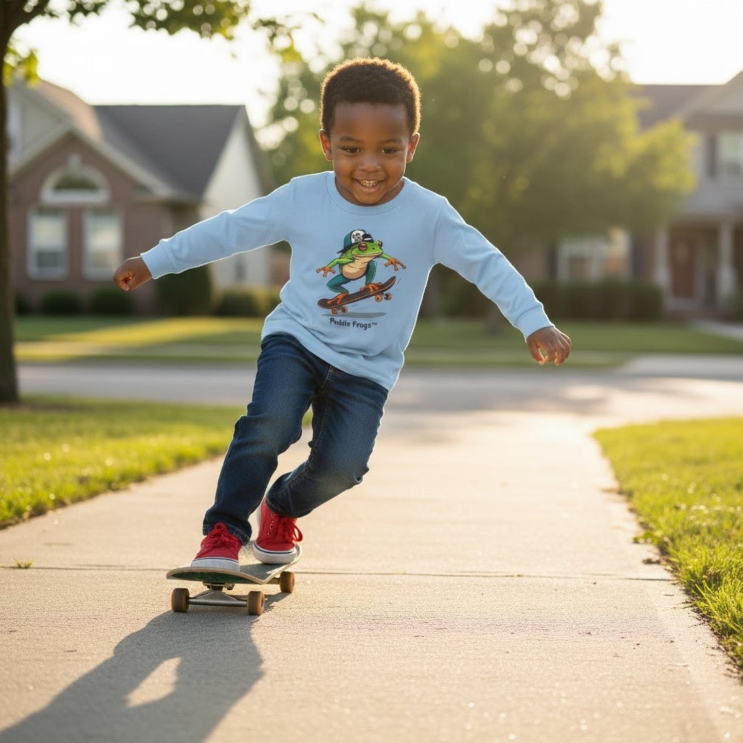 Child skateboarding on a sidewalk with houses and greenery in the background