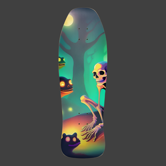 skeleton skateboard deck's unique glow-in-the-dark finish illuminates the artwork