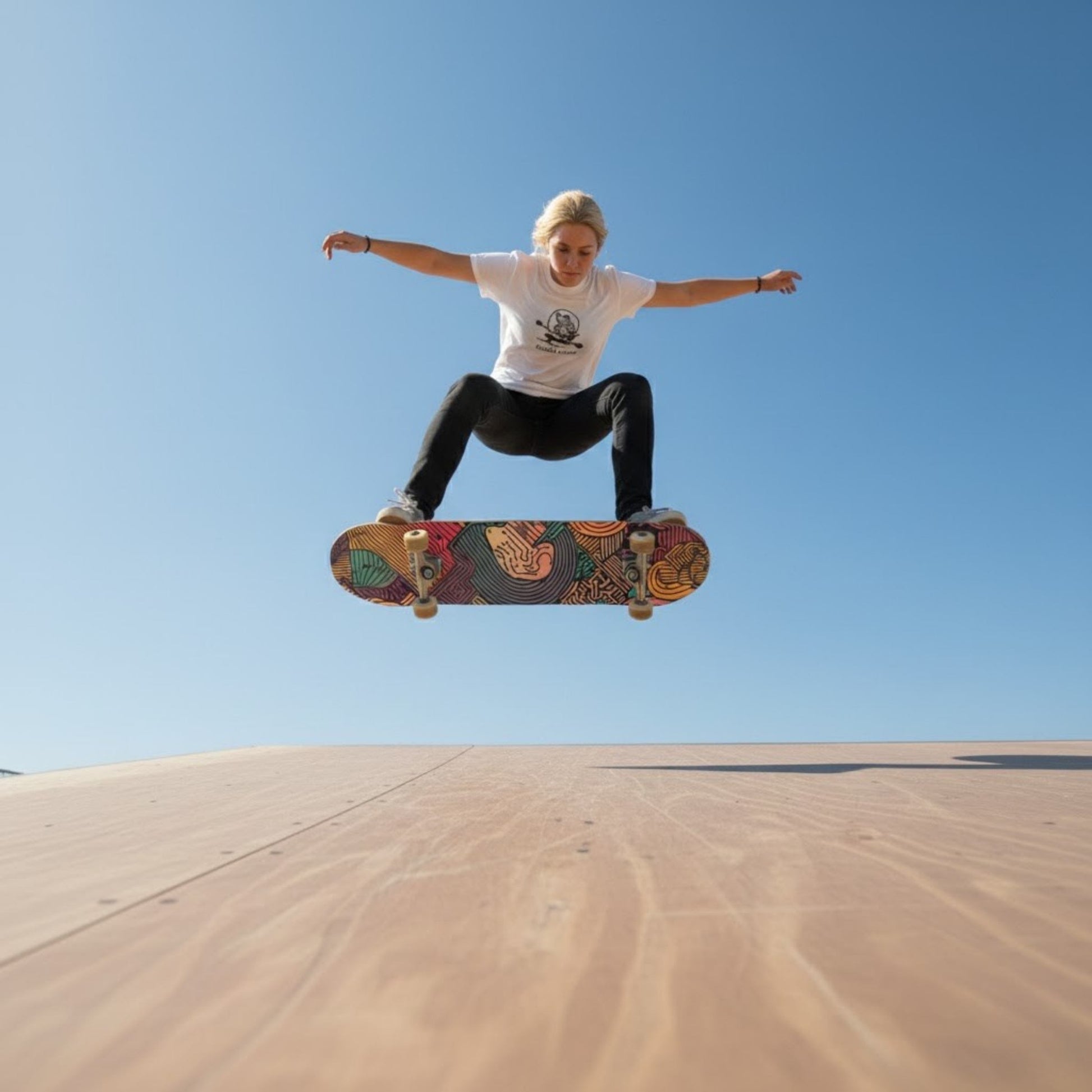 Person skateboarding in the air against a clear blue sky