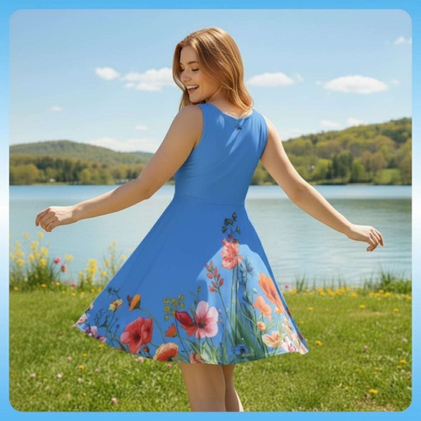 strawberry blonde models the backside of the Azure Wild Bloom Skater Dress Paddle Frogs Outdoor Gear