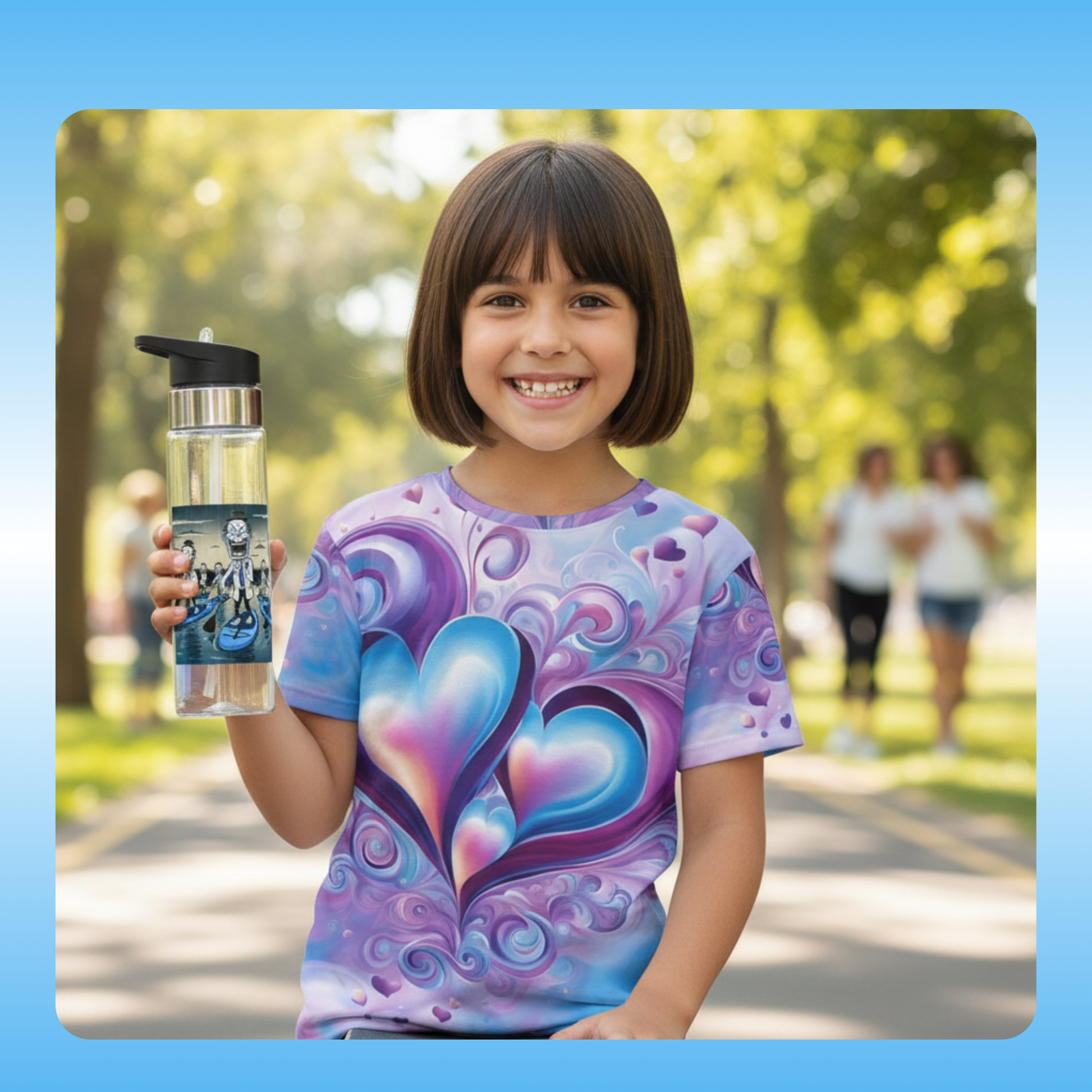 the Clowns | Crystal Clear Water Bottle & Blue n' Purple Hearts | Kids Sports Shirt | Paddle Frogs™ by Paddle Frogs Outdoor Gear | Child holding a water bottle with a colorful design in a park