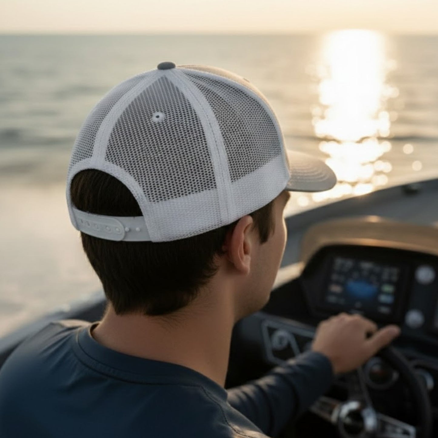 the backside of Paddle Frogs Trucker Cap — Heather Grey & White hat at the fishing tournament