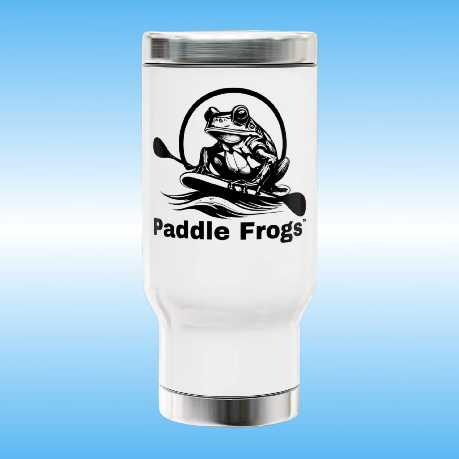 White travel mug features a classic black and white design with the iconic Paddle Frogs Outdoor Gear frog on a paddleboard. It's a timeless piece that perfectly captures the spirit of adventure