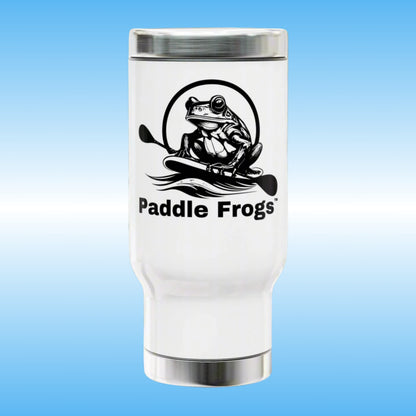 White travel mug features a classic black and white design with the iconic Paddle Frogs Outdoor Gear frog on a paddleboard. It's a timeless piece that perfectly captures the spirit of adventure