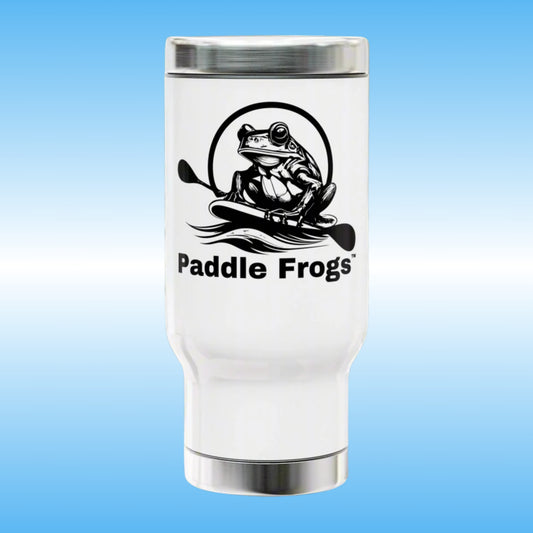 White travel mug features a classic black and white design with the iconic Paddle Frogs Outdoor Gear frog on a paddleboard. It's a timeless piece that perfectly captures the spirit of adventure