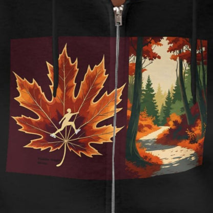 wearing the Autumn Trail in black the zipper hoodie with an ice skater on an orange leaf with nature-themed design on a neutral background with a double feature by Paddle Frogs Outdoor Gear