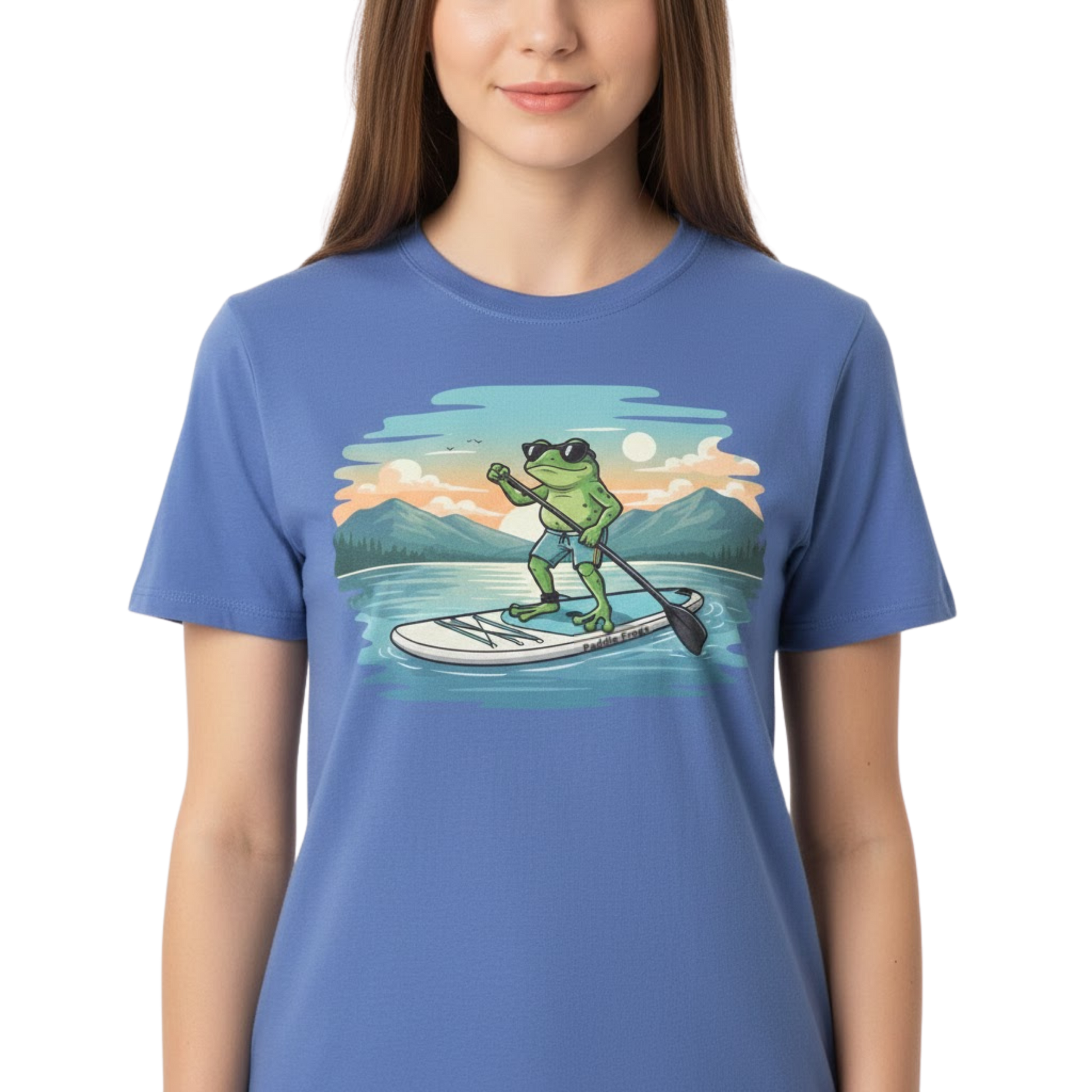 wearing the Iris Blue Lake Day Paddleboarding Frog tee by Paddle Frogs™ Outdoor Gear on a transparent background