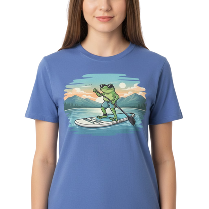 wearing the Iris Blue Lake Day Paddleboarding Frog tee by Paddle Frogs™ Outdoor Gear on a transparent background