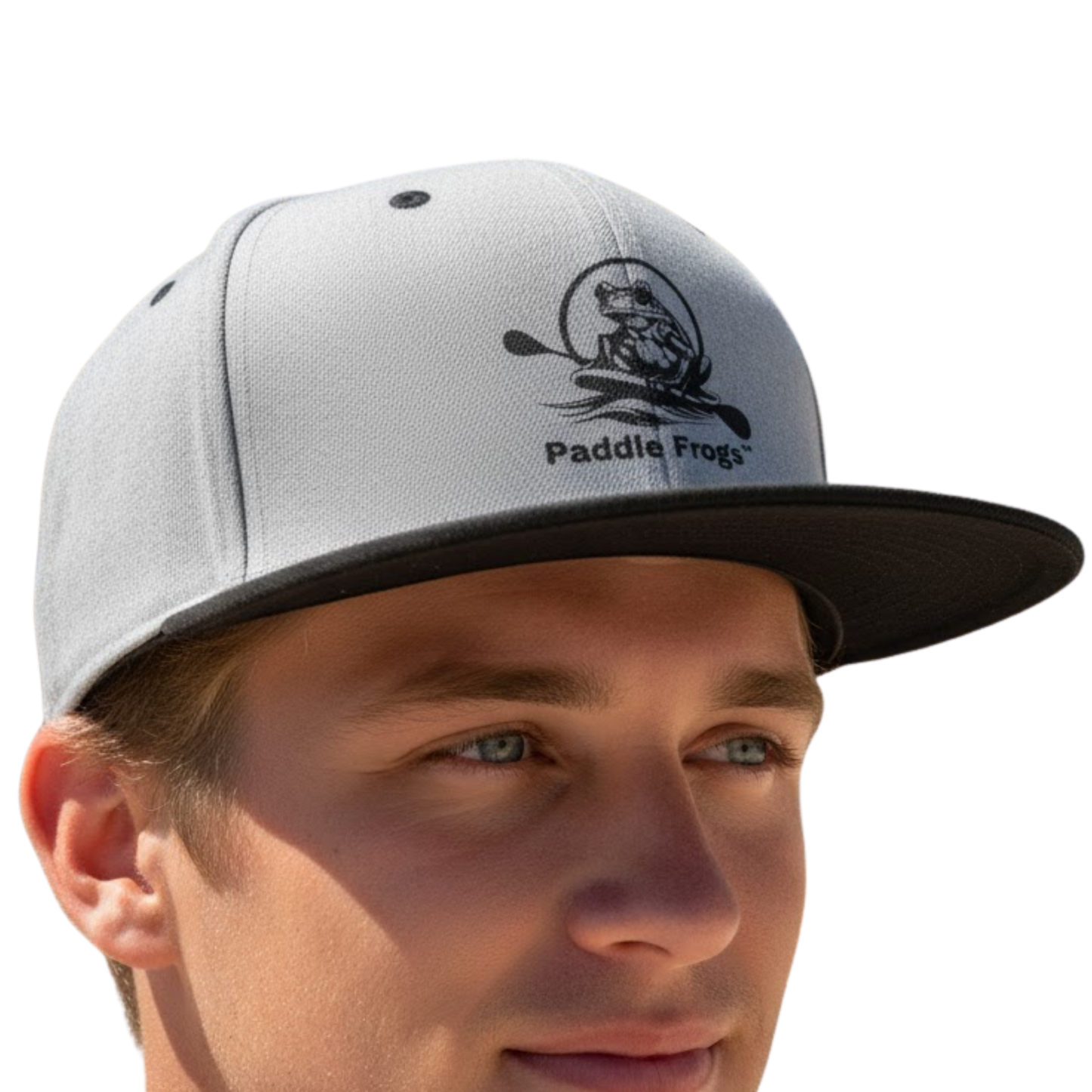 Gray cap with black brim and Paddle Frogs logo worn by a person on a transparent background
