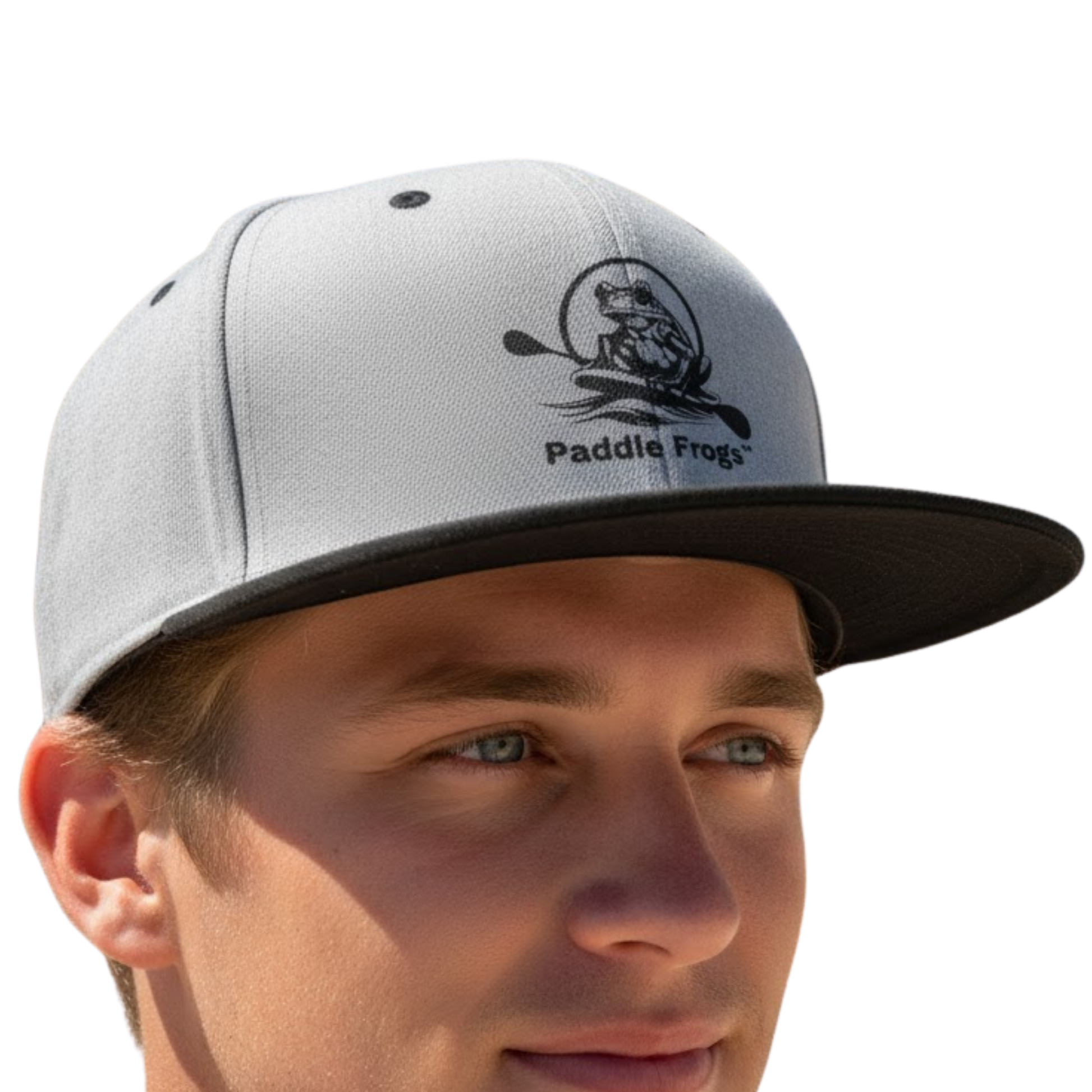 Gray cap with black brim and Paddle Frogs logo worn by a person on a transparent background
